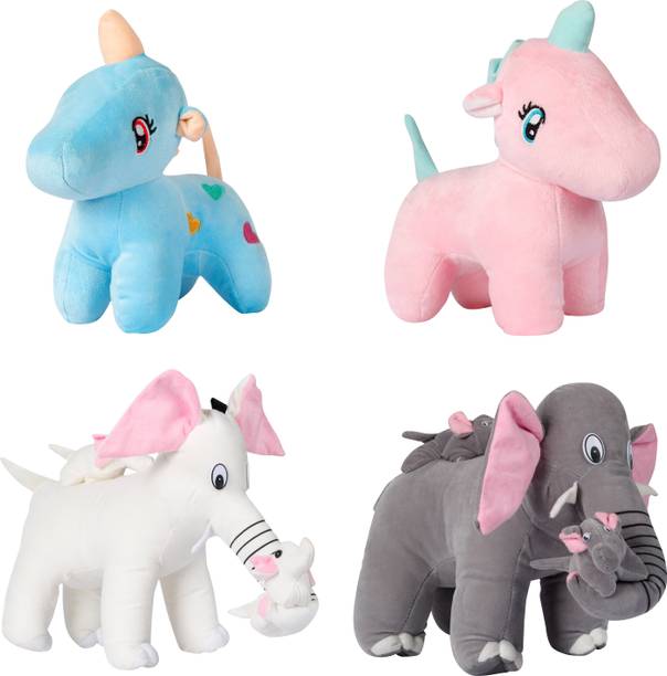 LittleBuoy Pack Of 4 ( 2 Cute Mother Elephant & Soft Unicorn Blue,Pink)  - 30 cm