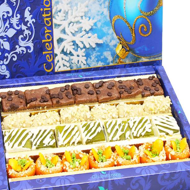 Ghasitaram Gifts Diwali Sweets - Cashew Chocolate Barfi, Mango Bites, Pure Kaju Roll and Orange Delight Box