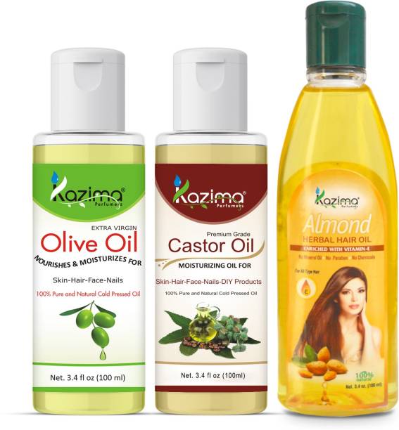 KAZIMA Combo of Olive Oil + Castor Oil and Almond Herbal Hair Oil (Each 100ML ) For Anti Hair Fall Control & Hair Growth Hair Oil
