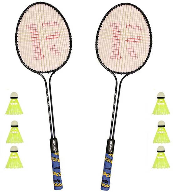 KNK Double Shaft Iron Body Badminton Racket Pack Of 2 Piece With 6 Piece Plastic Shuttles बैडमिंटन किट
