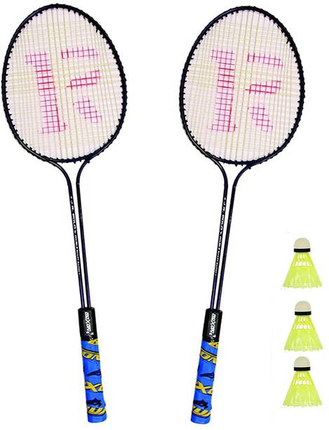 KNK Double Shaft Iron Body Badminton Racket Pack Of 2 Piece With 3 Piece Plastic Shuttles बैडमिंटन किट