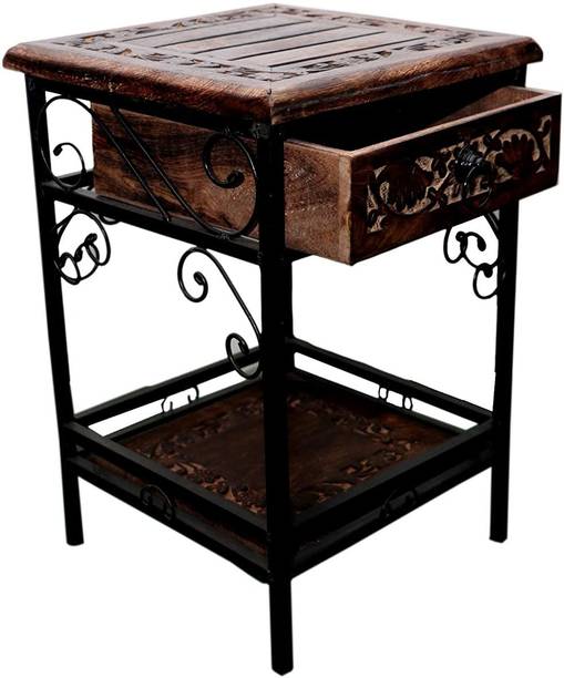 manzees Wood and Wrought Iron Bedside Table, Stool with Drawer for Home and Office Decor. Stool