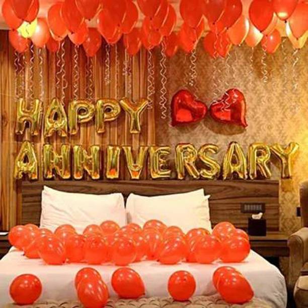 SOI Solid Happy Anniversary Foil with 50 HD Metallic Balloons with Heart Decoration Kit Letter Balloon