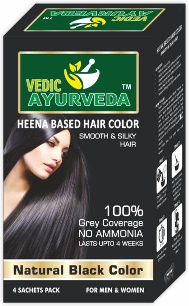 VEDICAYURVEDA Natural henna based hair color Sachet (Pack of 4) Smooth & Silky Permanent Natural Black 100% Gray Coverage NO AMMONIA , Black