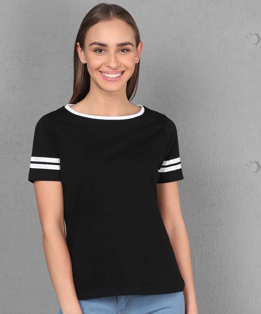 METRONAUT By Flipkart Solid Women Boat Neck Cotton Blend Black T-Shirt