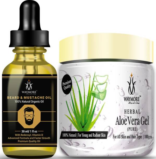 WAYMORE Premium Quality 30ml Advanced Beard Growth Oil, Mooch Oil, Moustache Oil for strong & healthy beard growth + 100% Pure Aloe Vera Gel White 100gm For Night Time Aid to Revive Dry & Dull Skin - Non Sticky - No Parabens, Silicones & Color - Ideal for Skin Care, Face, Acne Scars, Hair Treatment