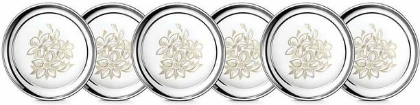 निर्विका Stainless Steel Thali Bhojan Set of 6 Dinner Plate/Halwa Plate/Bhojanthal/Lunch Plate 22 Gauge Premium Permanent Laser Multiflower Design Dinnerware/tableware डिनर प्लेट