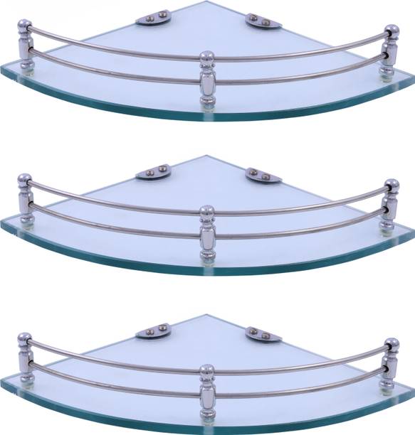 Kaaple Plain Glass Corner/Bathroom/Kitchen Shelf -7.5 X 7.5 Inches -Clear -Wall Mount (Transparent) Pack of 3 Glass Wall Shelf Glass Wall Shelf (Number of Shelves - 3, Clear) Glass Wall Shelf
