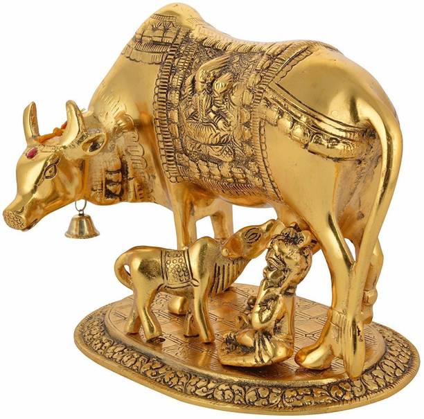 nagaana Kamdhenu Cow with Calf & Krishna Brass God Figure Showpiece Decor Decorative Showpiece  -  8 cm