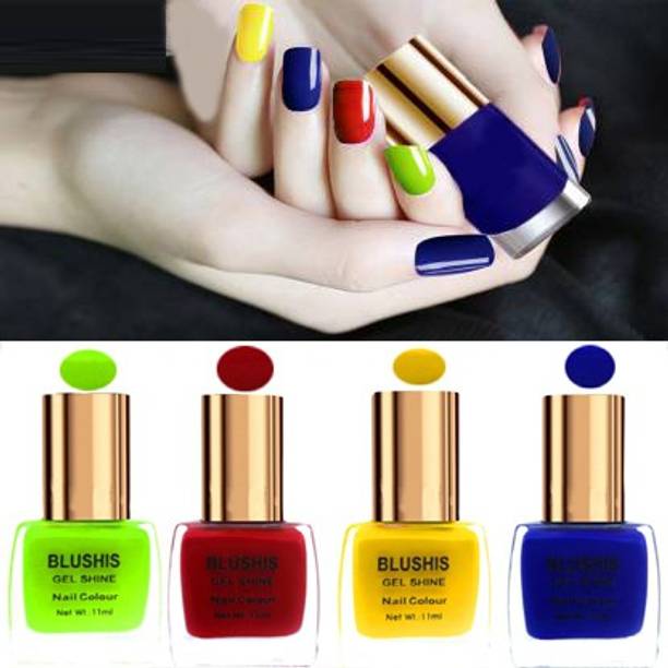 ब्लूशिस Gel Shine nail polish waterproof long-lasting quick drying combo pack of 4 with New Trendy Colours [ Red,Yellow,Lime,Bue ] बहुरंगी