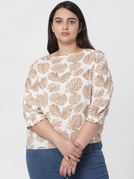Casual Regular Sleeves Printed Women Beige Top