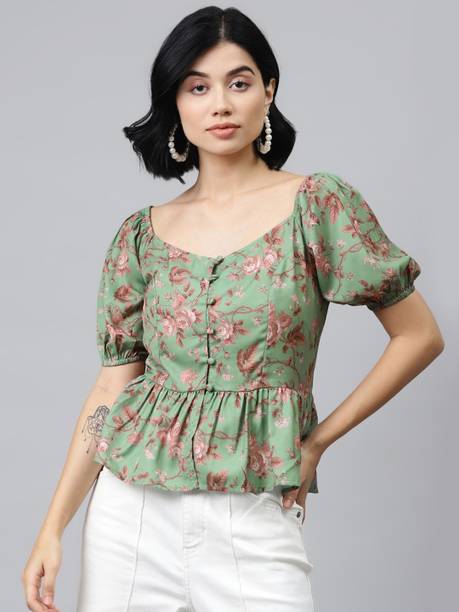 Casual Regular Sleeves Printed Women Green, White, Brown Top
