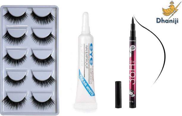 Dhaniji 5 Pair False Eyelashes, Glue, and 36 Hrs Black eyeliner (7 Items in the set)
