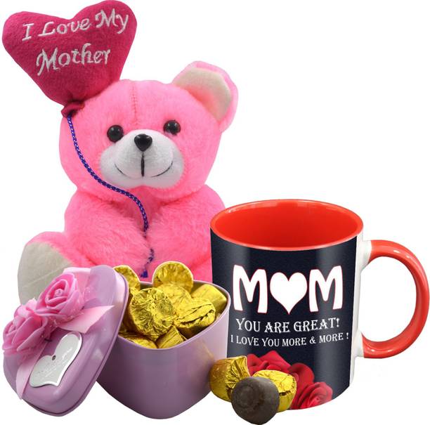 Midiron Lovely Gifts For Mom, Dark Chocolate with Printed Ceramic Mug and I Love My Quoted Mother Teddy, Gifts on her Birthday, Anniversary, Mother's Day IZ19Choc15TinBox4PMUrTILMYMother-STMother-33 Ceramic, Silk Gift Box