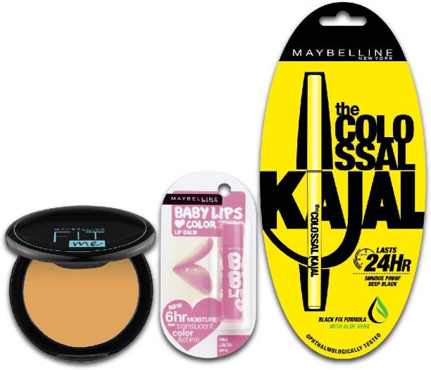 MAYBELLINE NEW YORK Colossal Kajal + Baby Lips Lip Balm Pink Lolita + Fit Me Compact combo (Pack of 3)