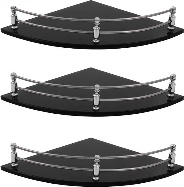 Kaaple Black Glass Corner Shelf Bathroom and Kitchen Shelf Bathroom Accessories Black -Round (Transparent) Pack of 3 Glass, Stainless Steel Wall Shelf (7.5x7.5 Inches, Number of Shelves - 3, Black) Glass Wall Shelf