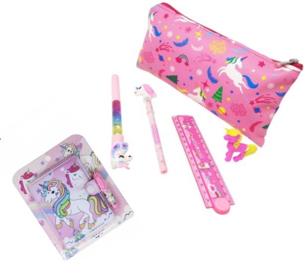 13House Cute Unicorn Stationary Combo/Unicorn Printed Pencil Pouch/Glitter Pen/Unicorn Eraser/Unicorn Pencil/Foldable Scale/Unicorn Diary with Pen Attached for Girls/ Kids/(Multicolor) (Pack of 6)