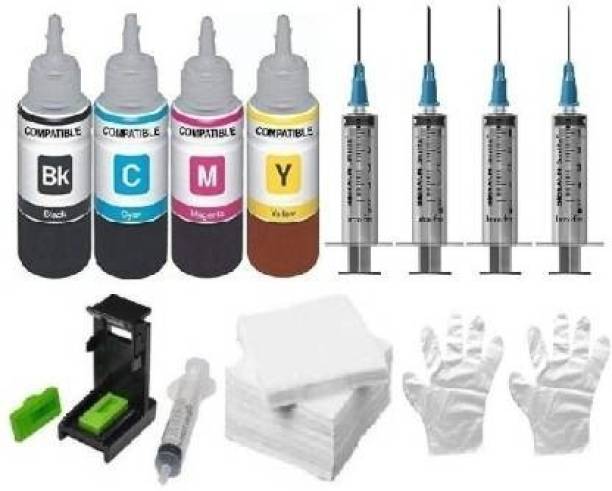DarkTone Refill ink kit Compatible Dye ink for HP cartridge 805/803/680/678/682/818/802/901/703/704/46/21/22/27/28/56/57/ canon 88/98/ Cartridges 4 Refill ink bottle_With 5 Syringe & 1 nos Suction Tool Kit set 2 set hand glove ND tissue paper Black + Tri Color Combo Pack Ink Bottle