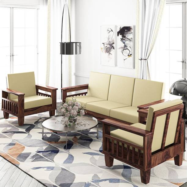 Kendalwood Furniture Solid Sheesham wood Fabric 3 + 1 + 1 Natural Brown Finish Sofa Set