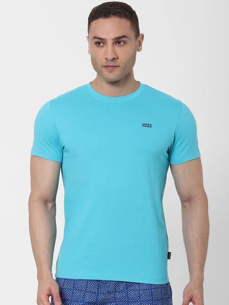 Men Solid Round Neck Cotton Blend Light Blue T-Shirt