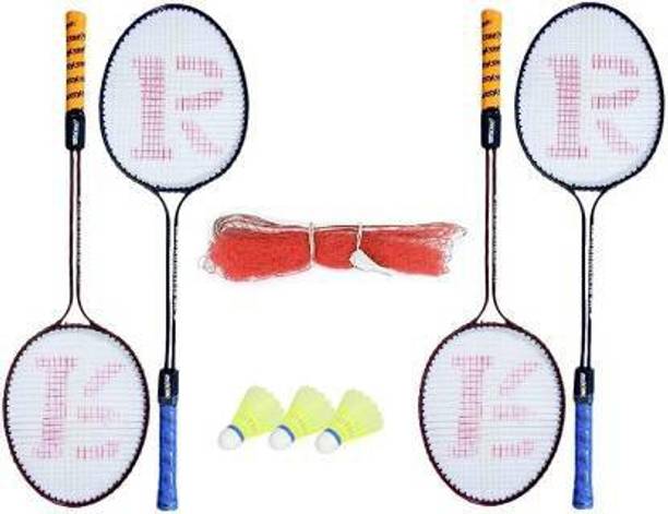 KNK Double Shaft Badminton Racket Pack Of 4 Piece With 3 Piece Plastic Shuttle And 1 Piece Badminton Net बैडमिंटन किट
