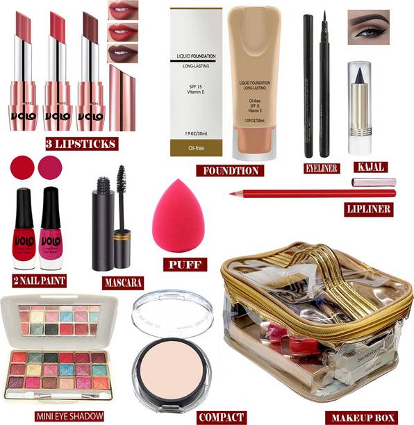 Volo All in one (14 In 1) Makeup Kit With 3 Lipsticks,Foundation,Eyeliner,Kajal,2 Nail Paints,Puff,Lipliner,Eyeshadow,Mascara,Compact,Makeup Pouch Women/Girl Gift Set Makeup Kit VL19032021A18