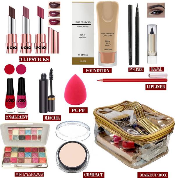 Volo All in one (14 In 1) Makeup Kit With 3 Lipsticks,Foundation,Eyeliner,Kajal,2 Nail Paints,Puff,Lipliner,Eyeshadow,Mascara,Compact,Makeup Pouch Women/Girl Gift Set Makeup Kit VL19032021A39