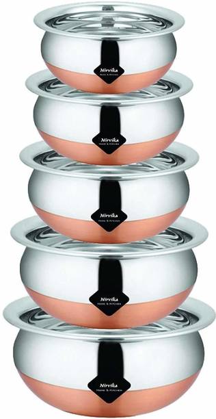 Nirvika Copper bottom steel handi set serving bowl biryani tope/pateli/bhagona हांडी 2.1 L, 1.6 L, 1.1 L, 0.8 L, 0.5 L