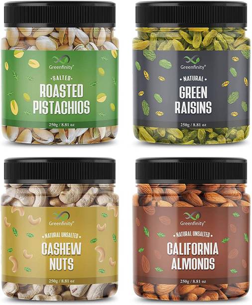 Greenfinity Dry Fruits Combo Pack - (250g * 4) 1kg (Almonds, Cashews, Pistachios, Raisins) - All Premium Almonds, Cashews, Pistachios, Raisins