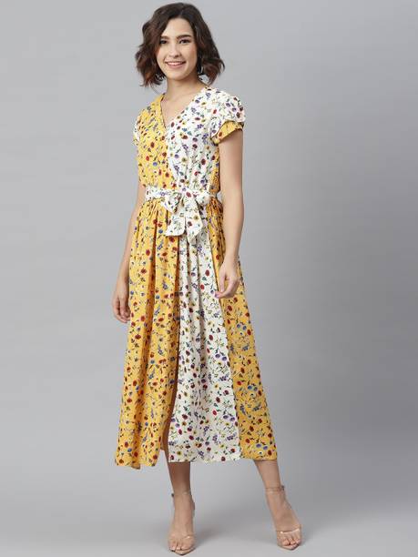 STYLESTONE Women Wrap Yellow, White Maxi/Full Length Dress