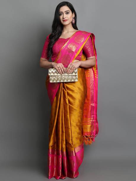 VILLAGIUS Woven Kanjivaram Cotton Silk, Art Silk Saree (Gold, Pin