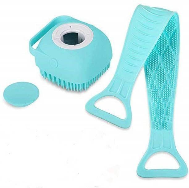 sneh sales 2 in 1 Combo Silicone Bath Body Back Brush, Scrubber Belt | Silicone Shower Brush with Soap Dispenser, Long Lasting, Ultra Soft Exfoliating- Blue