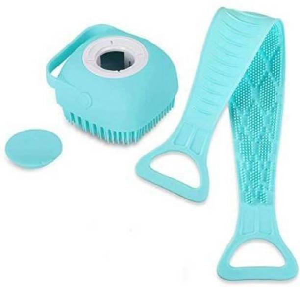 Silago Combo Of Silicone Body Scrubber And Bath Brush with Soap Dispenser | Bath Body Cleaning Belt | Skin Brush Belt For Skin | Bathing | Body Dirt Removal