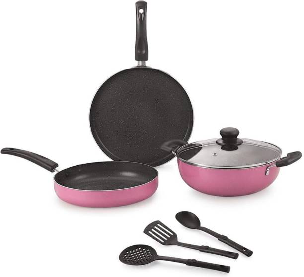 NIRLON Orchid Granite Cookware Combo Gift Set, Pink, 7 Piece Non-Stick Coated Cookware Set