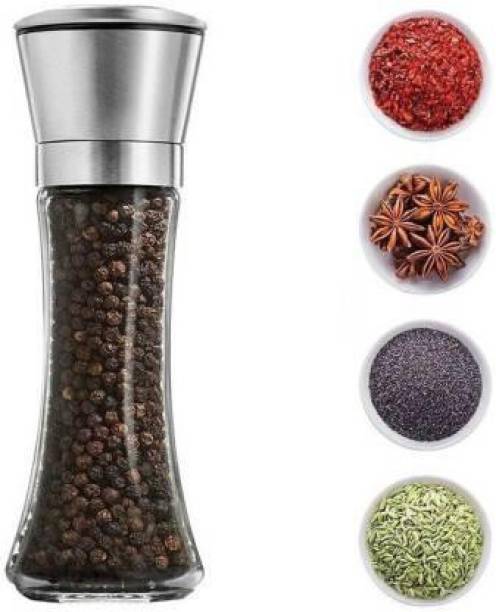 FOKRIM Glass Body Salt and Pepper Grinder Crusher Mill Shakers with Adjustable Knob by Ceramic Rotator for Kitchen Glass, Steel Squeeze Mill (Silver, Pack of 1) Glass Squeeze Mill