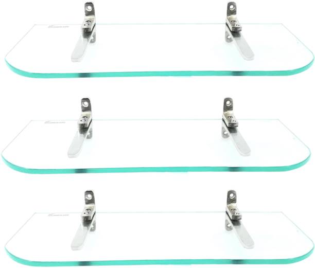 Sparkraze Pack of 3 F Brass Brackets Clear 12 By 5.5 inch Plain Glass Shelf \ Living Room & Bedroom Shelf\Bathroom Shelf\Multipurpose Shelf Glass, Brass Wall Shelf