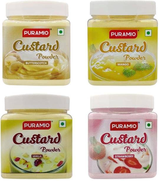 PURAMIO Custard Powder, 250g Each (Pack of 4)- (Vanilla, Strawberry, Mango & Butterscotch), Custard Powder