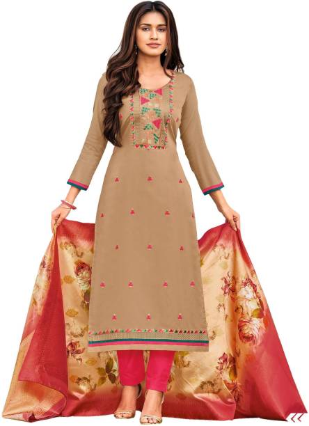 Unstitched Pure Cotton Kurta & Churidar Material Embroidered Price in India