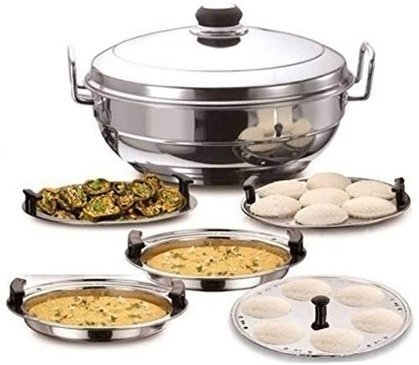 Bigbought Heavy Stainless Steel Idli Cooker Multi Kadai Steamer | Thick Base All-in-One Big Size with 5 Plate | 2 idli | 2 Dhokla | 1 Patra | Induction & Gastop Compatible | Sandwich Bottom Kadai with Lid Induction & Standard Idli Maker