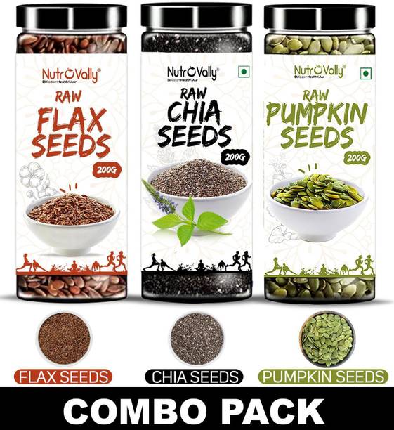 NutroVally Raw Chia Seeds, Flax Seeds, Pumpkin Seeds Combo Loaded with Omega 3, Zinc, Fiber, Calcium, Protein for weight loss, Healthy Heart and Boost Immunity seed for Eating Chia Seeds, Pumpkin Seeds, Brown Flax Seeds