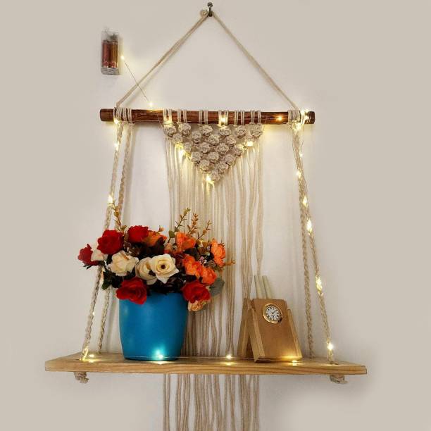 VAH Macrame wall Hanging Shelf With rope - Set of 1 Wood Shelf With LED Light Wooden Wall Shelf