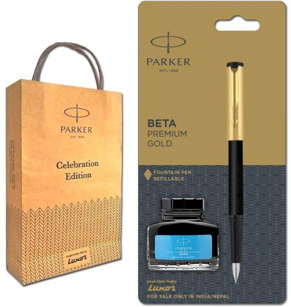 PARKER Beta Premium Fountain Pen with Gold Trim and Blue Ink Bottle Fountain Pen