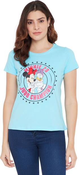 Mickey Mouse Family Printed Women Round Neck Blue T-Shirt