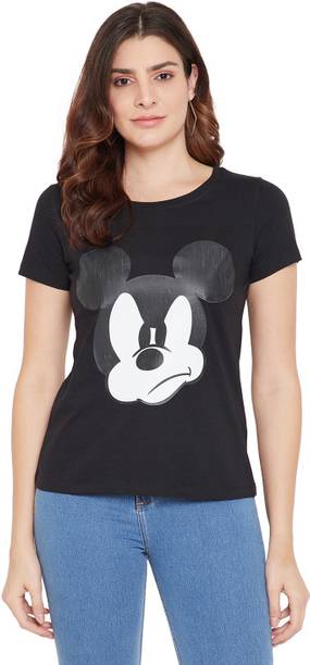 Mickey Mouse Family Printed Women Round Neck Black T-Shirt