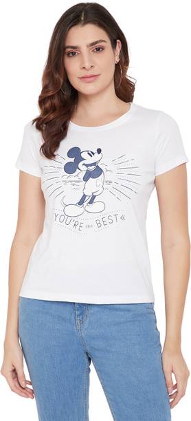 Mickey Mouse Family Printed Women Round Neck White T-Shirt