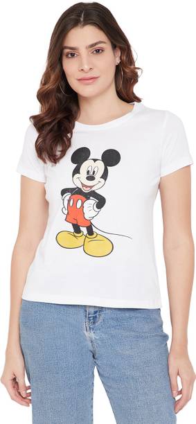 Mickey Mouse Family Printed Women Round Neck White T-Shirt