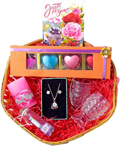 MANTOUSS Valentines Day gift for girlfriend/lover/wife/Valentines Day gift hamper-chocolate box+Jewellery set(Neckpiece and earings)+2 shot glasses+Message Bottle+Scented Candle+Card Wooden, Cotton, Plastic, Brass, Paper, Borosilicate Glass, Glass Gift Box