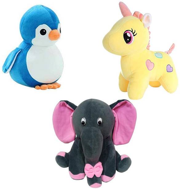 TITLEE Soft Toys Combo for Kids in Low Budget / Unicorn, Penguin, Grey Baby Elephant  - 28 cm