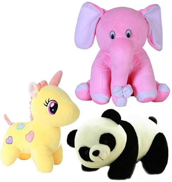 TITLEE Soft Toys Combo for Kids in Low Budget Unicorn, Panda, Pink Baby Elephant  - 28 cm