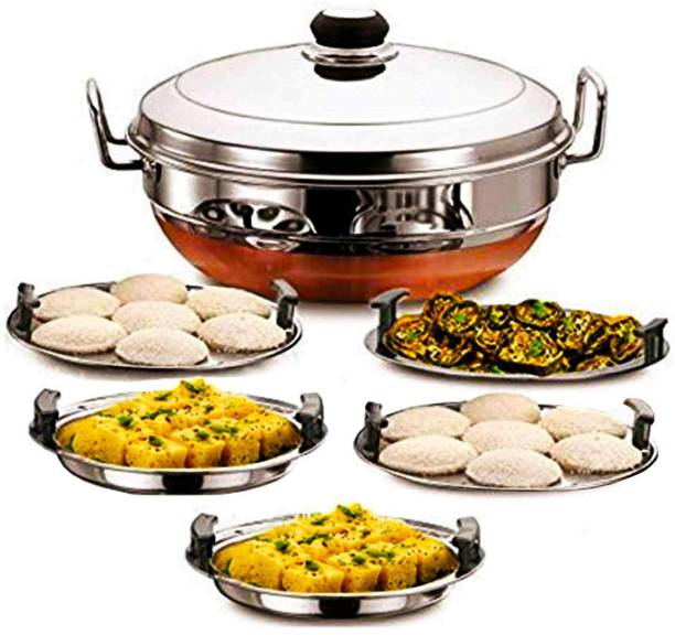Lyticx All-in-One Stainless Steel Idli Cooker Multi Kadai Steamer with Favourite Contra Hard Anodised Copper Bottom Pot Set Includes, Big Size with 5 Plate Stainless Steel Steamer